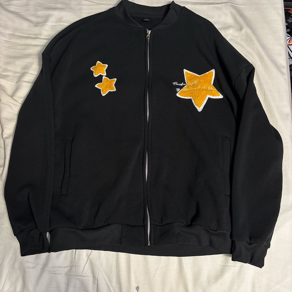 Black Zip-Up Jacket with Star Patches